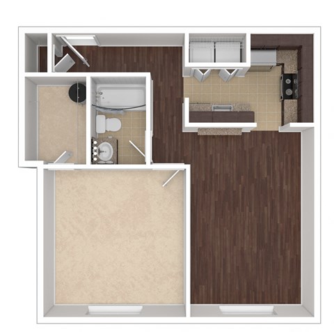 Floor plan for 1 bed, 1 bath, 595 sqft